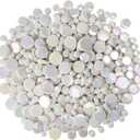 Small Round Iridescent White Mosaic Tiles for Crafts, 300g/150 Pieces Iridescent Glass Penny Round Tiles for Flowerpots, Handmade Home Decor, White