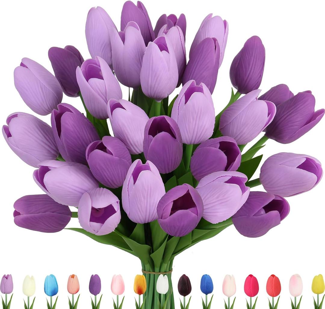 Artificial Tulips Flowers Fake Latex Tulip Stems - 30pcs Real Touch Faux Multicolor Tulips Flower for Easter Spring Wedding Bouquet Centerpiece Floral Arrangement Cemetery Table Decor