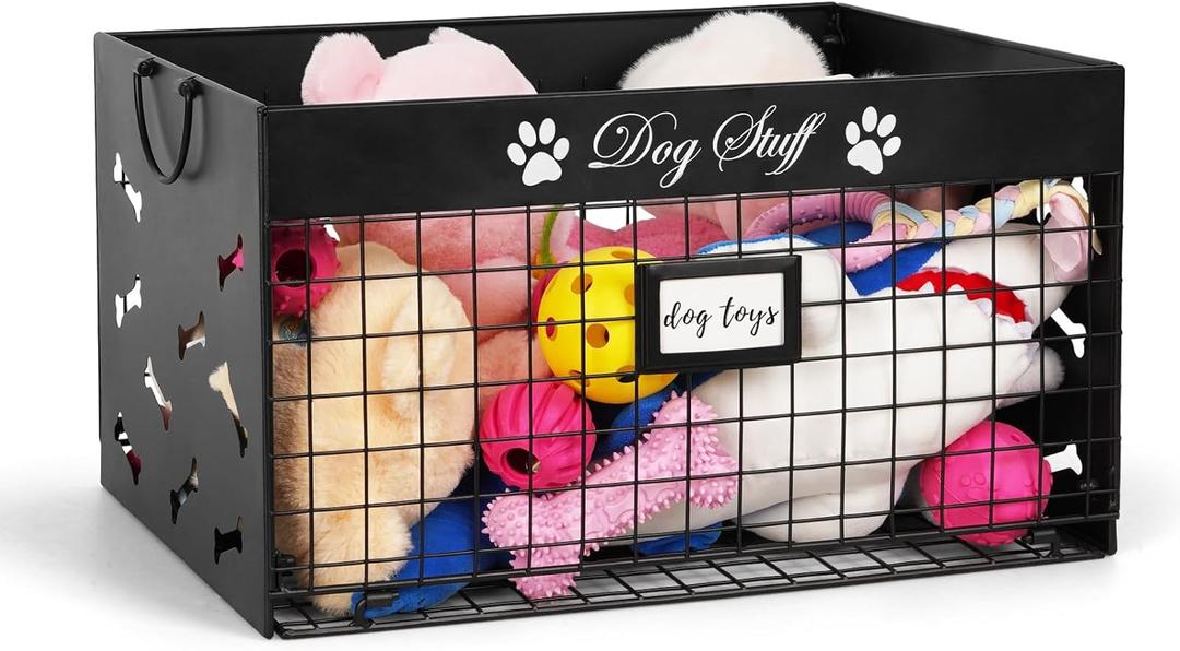 Dog Toy Basket - Large Dog Toy Box with Handles and Label Position Design for Living Room, Metal Dog Toy Bin Storage for Dogs Chew Pets Toys, Blankets, Clothes, Food (Black)