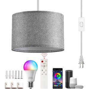 Plug in Hanging Lamp with RGB Smart Bulb Plug-in Cord Pendant Light with 15ft Cord Fixture Pendant Lights for Bedroom Kitchen Living Room Dining Room