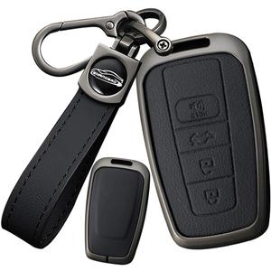 SANRILY Keyless Metal 4 Button Key Fob Cover Compatible with Toyota Camry 2018-2024 RAV4 Corolla Avalon C-HR Prius GT86 Highlander Leather Key Case Shell with Keychain Black