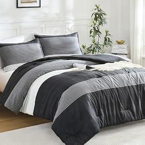 Litanika Full Comforter Set Black - 3 Pieces Stripe Bedding Comforter Sets