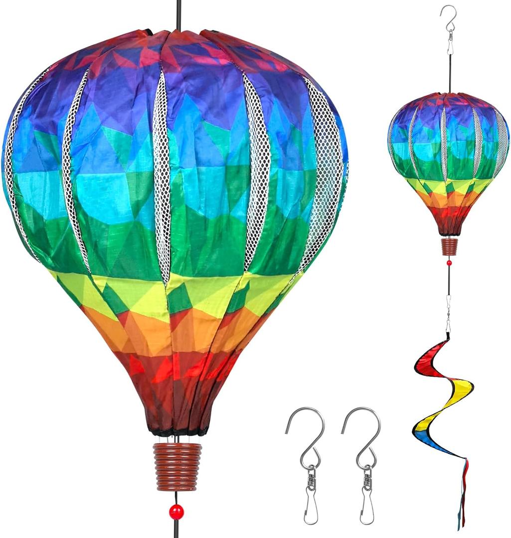 2PCS Giant Rainbow Hot Air Balloon Wind Spinners 14" W x 59" H Large Multicolor Whirligig Wind Spinner Hanging Ornaments for Yard Garden Lawn Outdoor Decorations