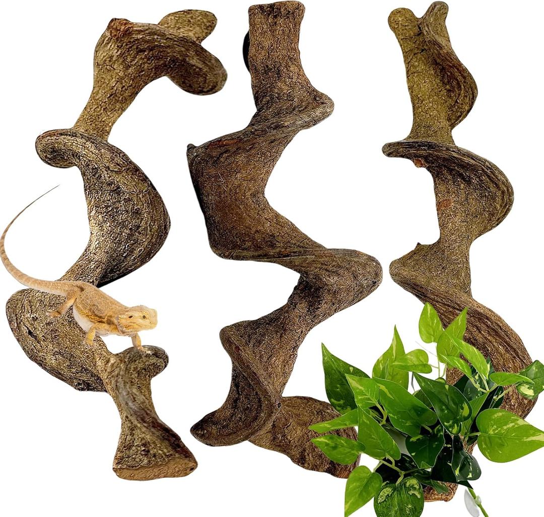 BNOSDM 3PCS Natural Reptile Climbing Branches Decor,1.2-1.8" Thick Natural Snake Climbing Forest Wood with Plant Leaf Decor,Lizard Forest Branch,Geckos Tank Tree Trunk Accessories for Bearded Dragons