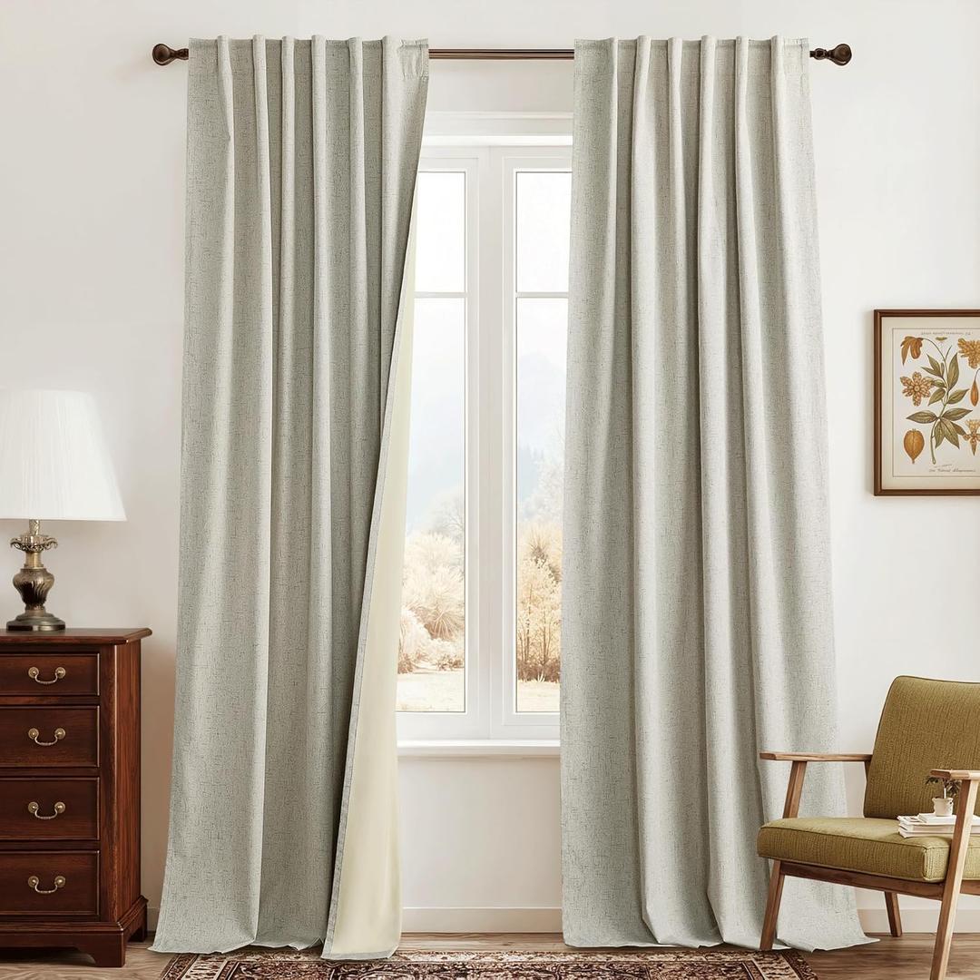 RYB HOME 100% Blackout Linen Curtains 84 inches Long 2 Panels Set, Thermal Insulated Privacy Natural Faux Linen Boho Farmhouse Curtain Panels for Living Room Bedroom, 52" W x 84" L, Beige