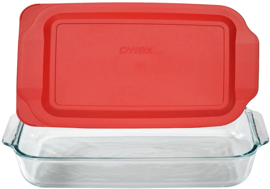 Pyrex Basics Glass Oblong Baking Dish with Red Plastic Lid