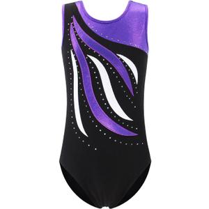 BAOHULU Leotards Girls Gymnastics Embroidery Shiny Aqua Rose Diamond Dance Clothes (7-8 Years, Black Purple)