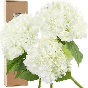 FiveSeasonStuff Fresh Snowy White Real Touch Hydrangea Flowers  3 Large Stems Artificial Floral for DIY Bouquets, Home Styling, Centerpieces, Table Decor  Gift Box Included