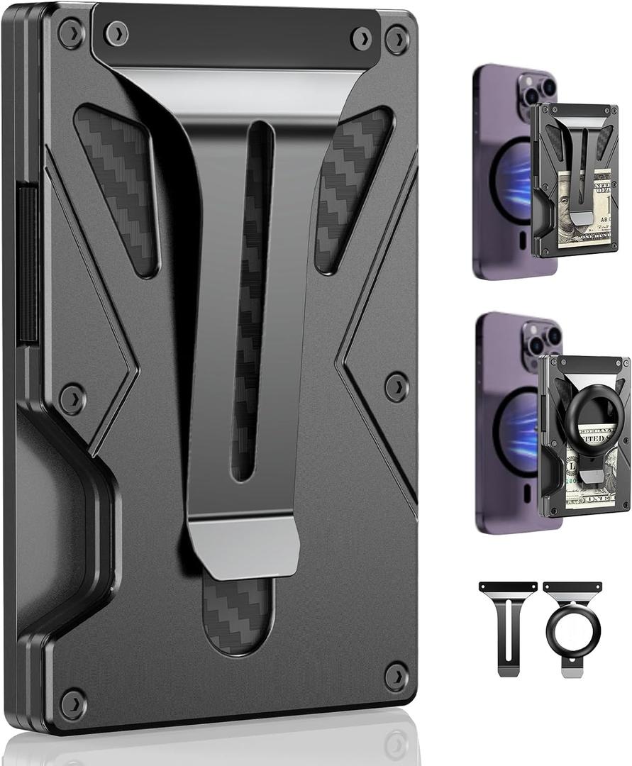 Minimalist Wallet for Men, 5 in 1 Magnetic Wallet With Airtag Holder, Money Clip & Credit Card Holder, Slim Airtag Wallet Mag Safe Wallet for iPhone Series of 15/14/13/12 Pro/ProMax (B Black)