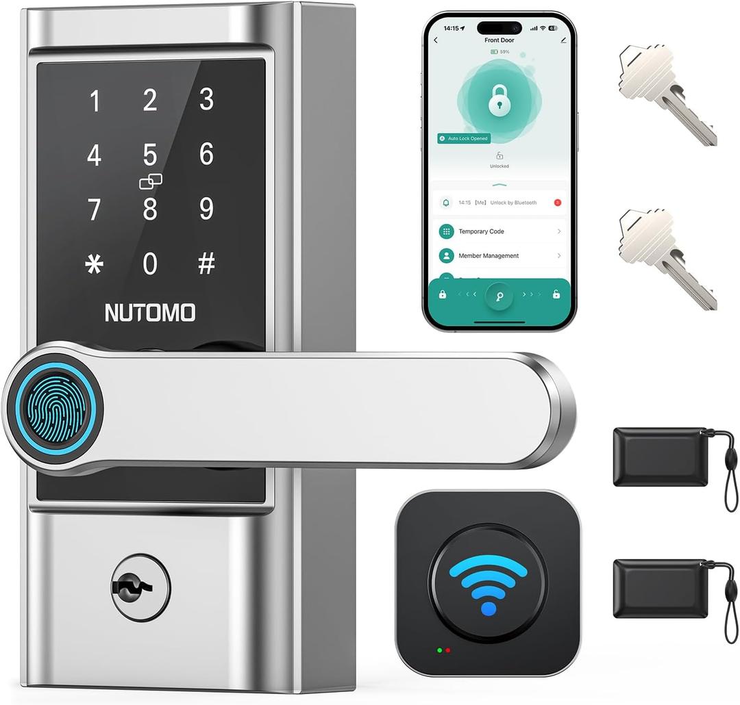 WiFi Keyless Entry Door Lock Handle Set : NUTOMO Silver Smart Front Door Lock,Front Door Handle,App Remote Control, Digital Bluetooth Keypad Deadbolt with Alexa Auto Lock for Home Hotel