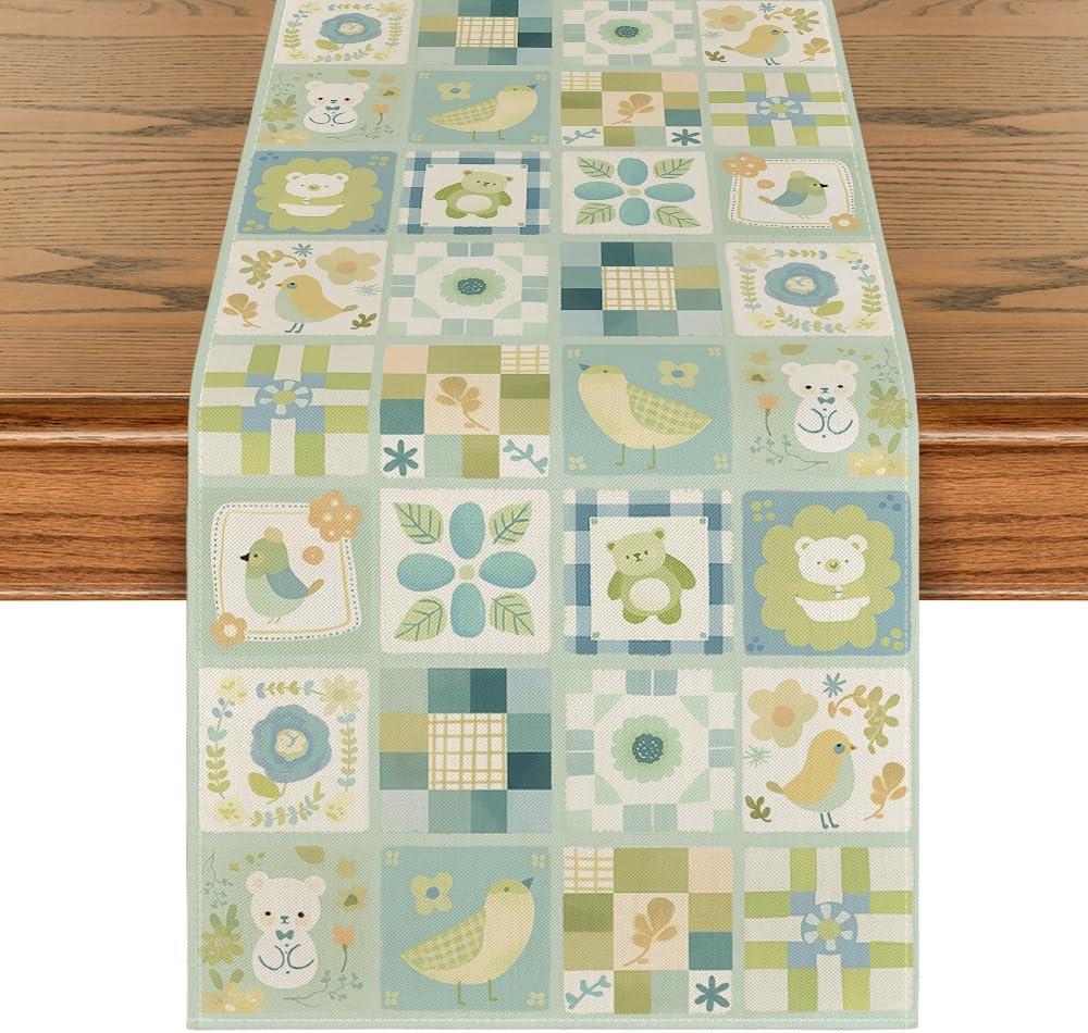 Artoid Mode Plaid Baby Shower Bird Floral Bear Table Runner, Seasonal Spring Kitchen Dining Table Decoration for Home Party Decor 13x72 Inch