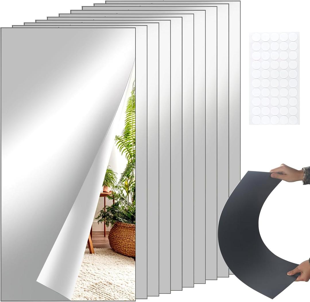 10 Pcs 12" x 24" Acrylic Self Adhesive Mirror Tiles for Wall 2mm Thick Flexible Stick Mirror Sheets Mirror for Home Gym Bedroom Ceiling Workout