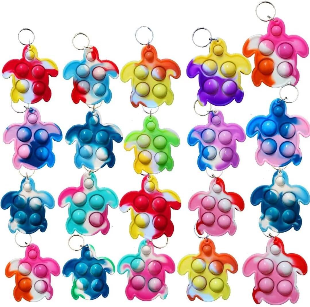 20 pcs Rainbow Mini Pop Turtle Fidget Keychain ToyParty Fidgets Favors Toys Bubble Wrap Pop Anxiety Stress Reliever Stuents Gift