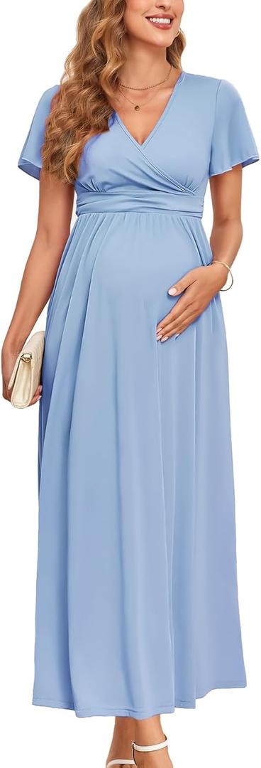 AISWI 2025 Women's Maternity Maxi Dress Long Sleeve Wrap V Neck Pregnancy Dresses with Pockets Baby Shower Photoshoot Formal (Blue, XXL)