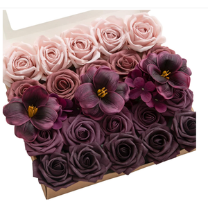 Ling's moment Artificial Flowers Fake Roses Faux Hydrangea Foam Tulip Combo for DIY Wedding Bouquets Centerpieces Arrangements Bridal Shower Party Home Decorations, Plum & Plum Lily, 27pcs