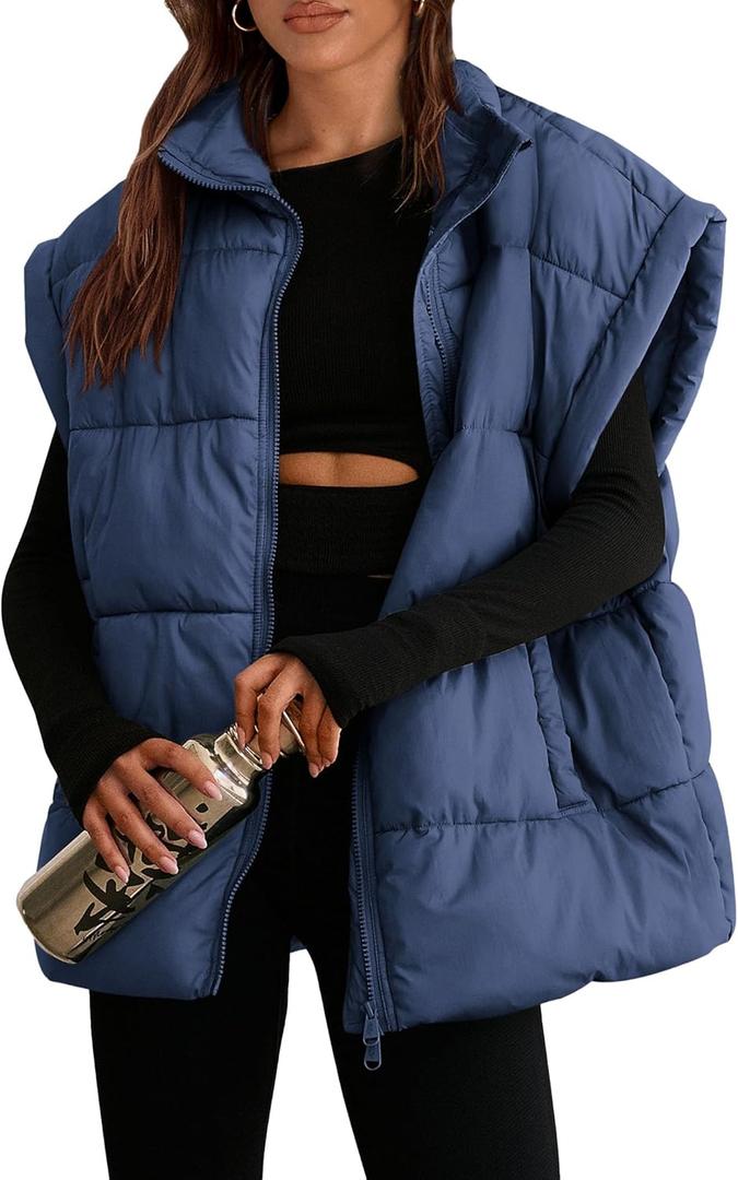 PRETTYGARDEN Women's Puffer Vest Fall Casual Stand Collar Lightweight Sleeveless Zip Up Padded Jackets Outerwear (Small, Dark Blue)