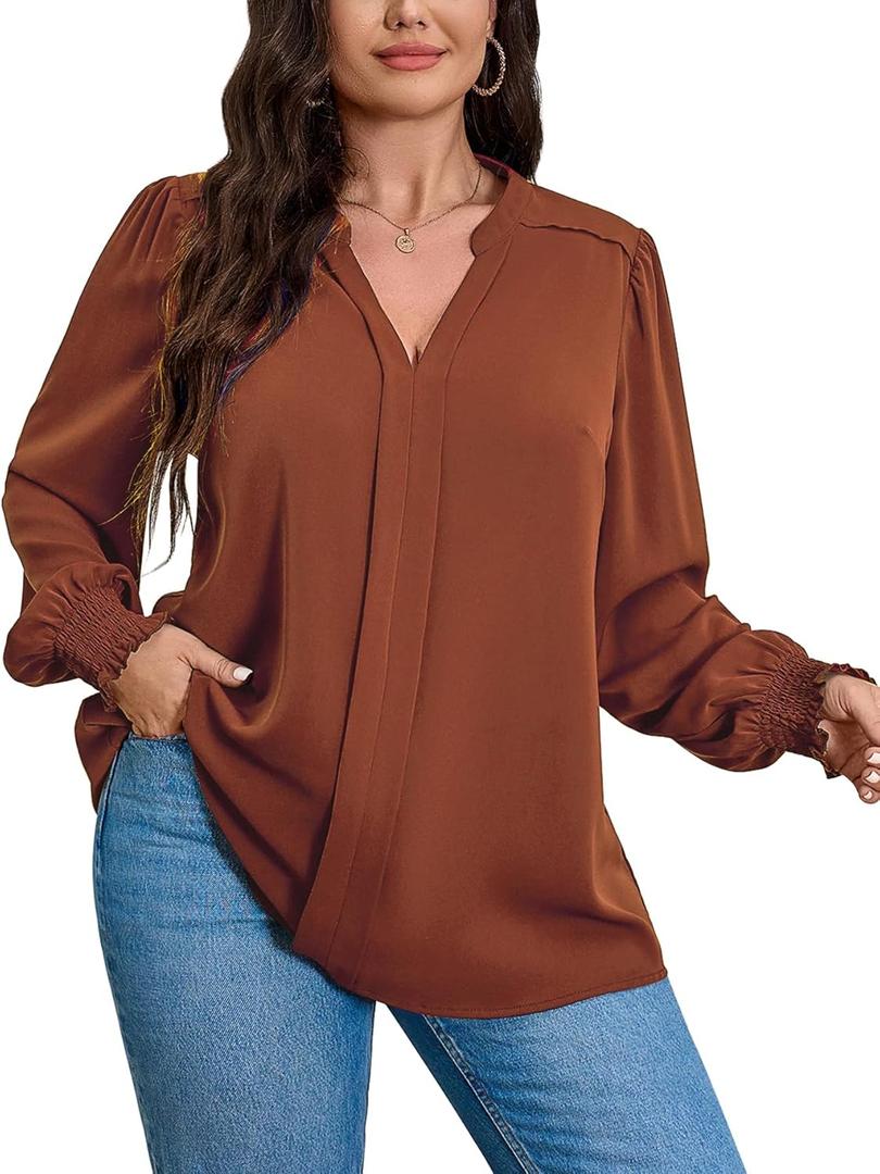 SCOMCHIC 2024 Plus Size Blouses for Women Dressy Casual V Neck Long Sleeve Casual Loose Shirts XL-5XL (3X-Large Plus, Rust)