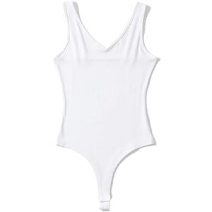 Hndudnff Women V-Neck Sleeveless Solid Color Bodysuits Summer Backless Knit Elastic Slim Sexy Bodysuit (Medium, White)