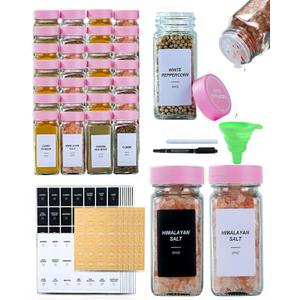 24 Glass Spice Jars with Label-4oz Spice Containers with Lids and Shaker Lids,3 Sets of Spice Labels 1 Collapsible Funnel 2 Erasable Markers (24)