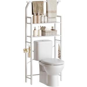 Over The Toilet Storage, 2-Tier Bathroom Organizer Shelves with Hooks, Multifunctional Vertical The Toilet Shelf Storage Rack for Bathroom, White TR01WT Over The Toilet Storage, 2-Tier Bathroom Organizer Shelves with Hooks, Multifunctional Vertical The Toilet Shelf Storage Rack for Bathroom, White TR01WT
