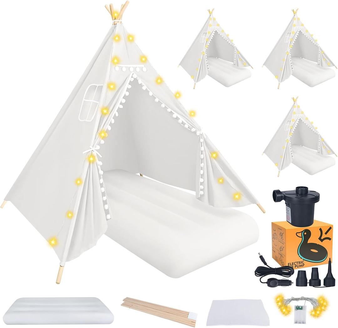 4 Teepee Tent for Kids, Sleepovers Tent for Kids, Inflatable Airbed with Mattresses,Star Lights, Fitted Sheet,Charging Pump, Birthday Slumber Party Girls Boys