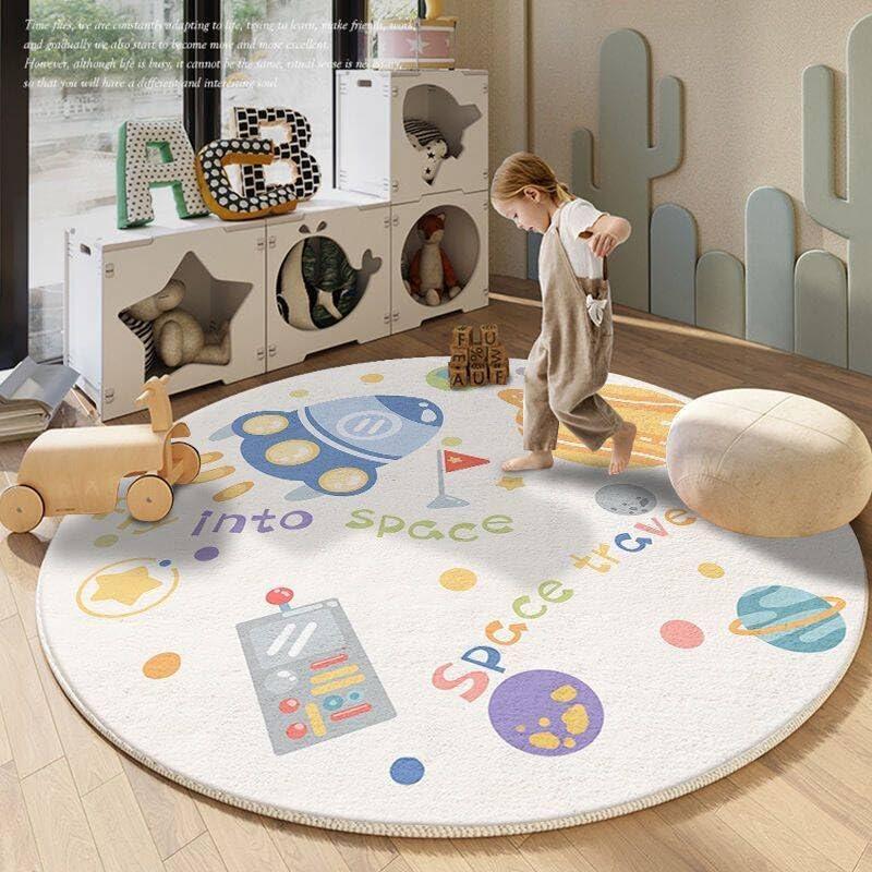 Poowe Space Travel Kids Carpet, Round Baby Mat Kids Room Decoration, Washable Non-Slip Cartoon Children Rug for Kindergarten Nursery School Rug Baby Playmats,Round 31.5"
