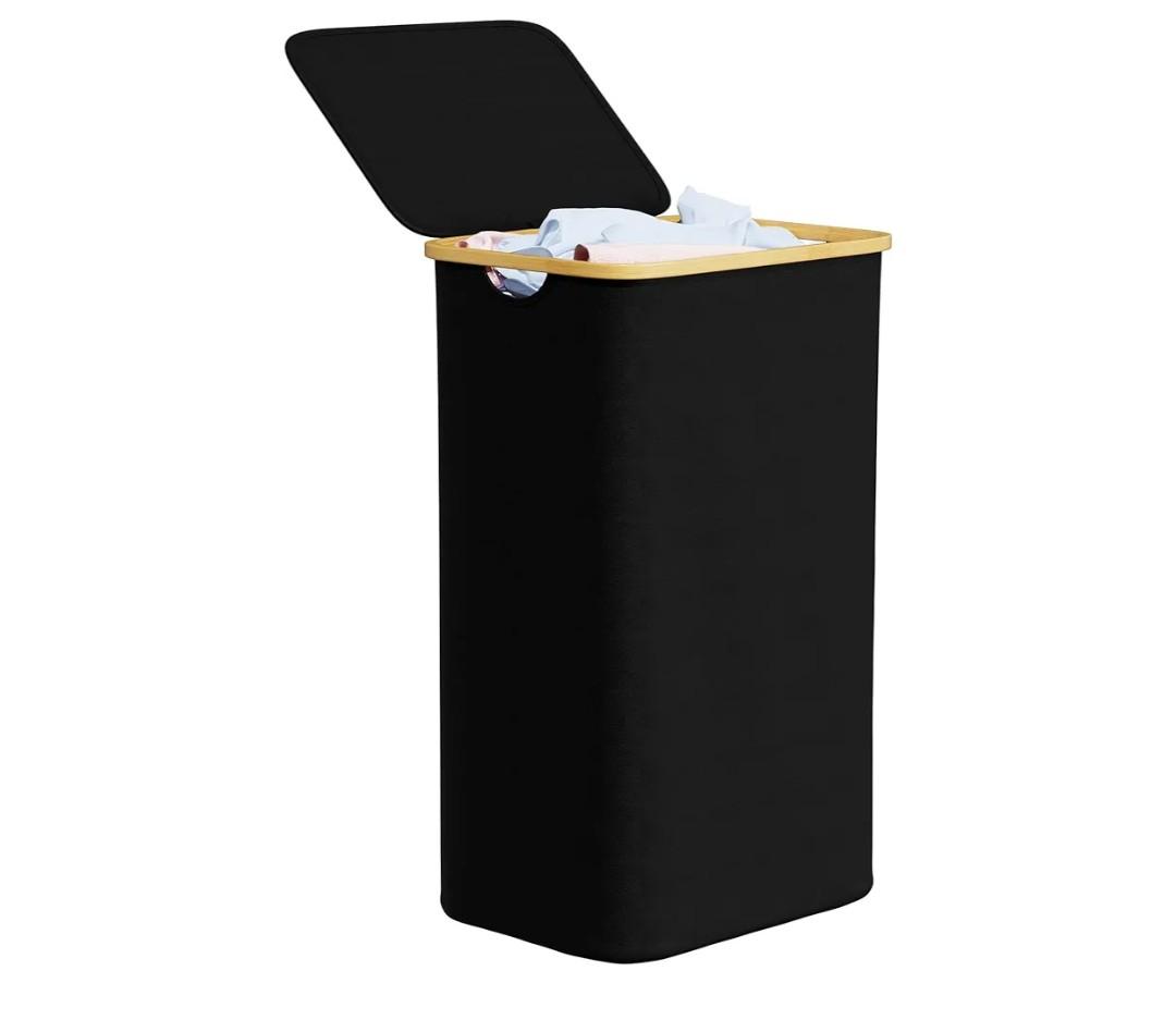 SpaceAid Laundry Hamper with Lid, 110L Large Tall Clothes Basket Bin with Bamboo Handles, Collapsible Laundry Hamper for Bedroom, Bathroom, Dorm, Laundry Room - Black