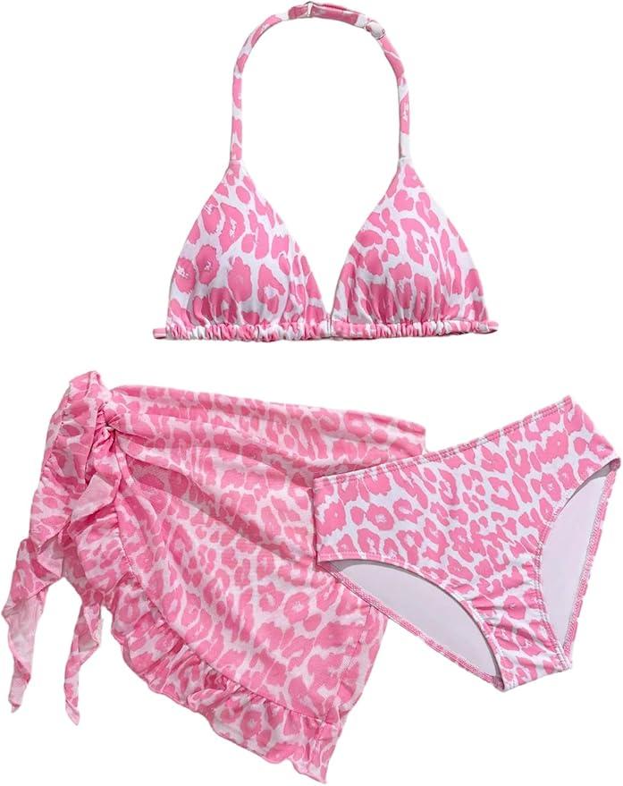 RoseSeek Girl's 3 Piece Swimsuits Floral High Waisted Bikini Bathing Suit with Mesh Coverups Skirt Light Pink 8Y