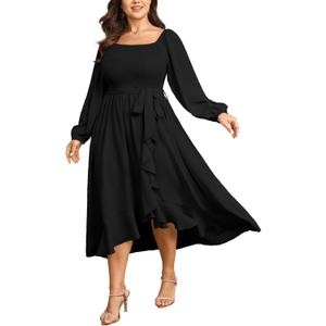 SCOMCHIC Women Plus Size Cocktail Dress Formal Long Sleeve Wedding Guest Smocked High Low Ruffle Dress with Belted (3XL,  Black)
