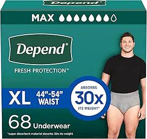 Depend Fresh Protection Adult Incontinence Underwear for Men, Disposable, Maximum, Extra-Large, Grey, 68 Count (2 Packs of 34), Packaging May Vary