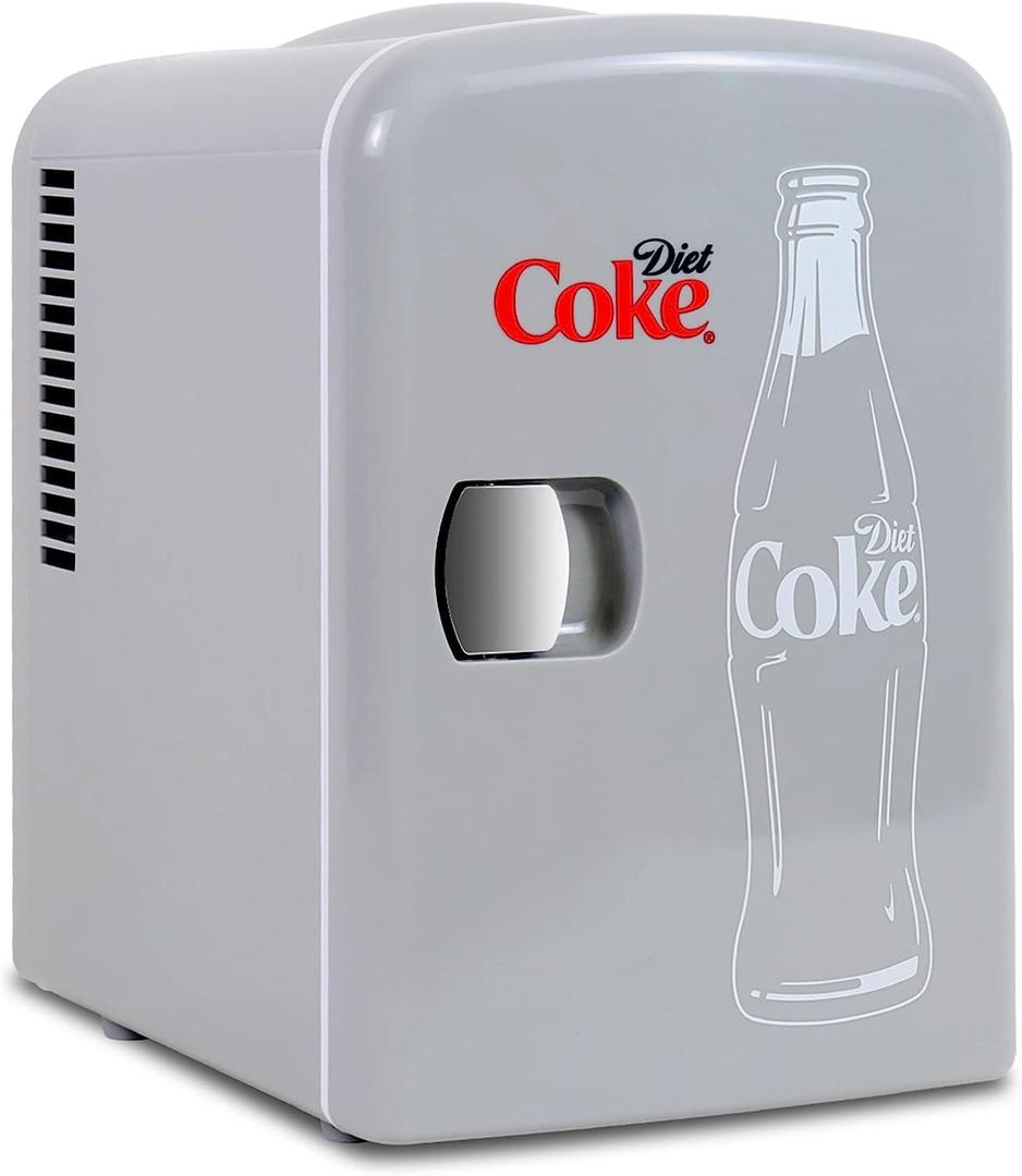 Diet Coke Mini Fridge - Refrigerator for Bedroom Skincare Office, Portable Table Top Beverage Cooler, 12V DC/220V ACRefrigerador For Drinks, Soda, Wine, Use In Car, Dorm, Outdoor, Patio, 6 Can [Energy Class A]