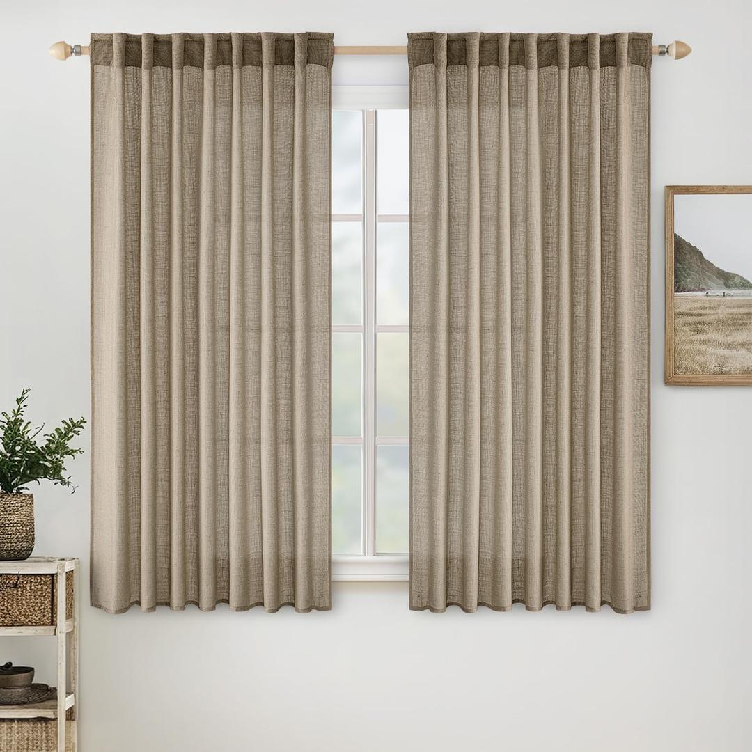 MIULEE Taupe Grey Linen Curtains 45 Inch Length 2 Panels for Bedroom Living Room, Soft Linen Textured Window Drapes Semi Sheer Light Filtering Back Tab Rod Pocket Farmhouse Modern Burlap Look Decor