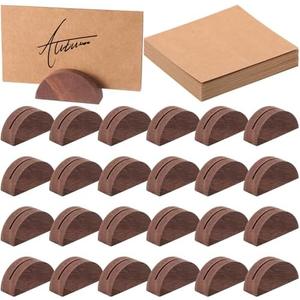 Colingmill 24 Pcs Wooden Table Number Stands Wedding Table Name Holder Semicircular Design Place Card Holders with 24 Pcs Tented Cards for Retail Shop Wedding Party Events Decoration(Brown)