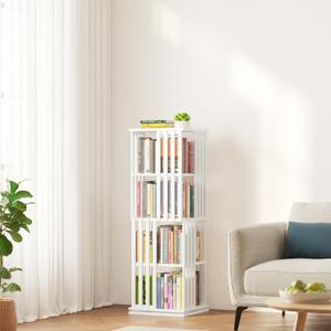 SpaceAid 4 Tier Rotating Bookshelf Tower, Bamboo Spinning Book Shelf, Revolving 360 Bookcase Storage Swivel Round Carousel, Vertical Rotate Turning Spiral Corner Organizer (4-Tier White)