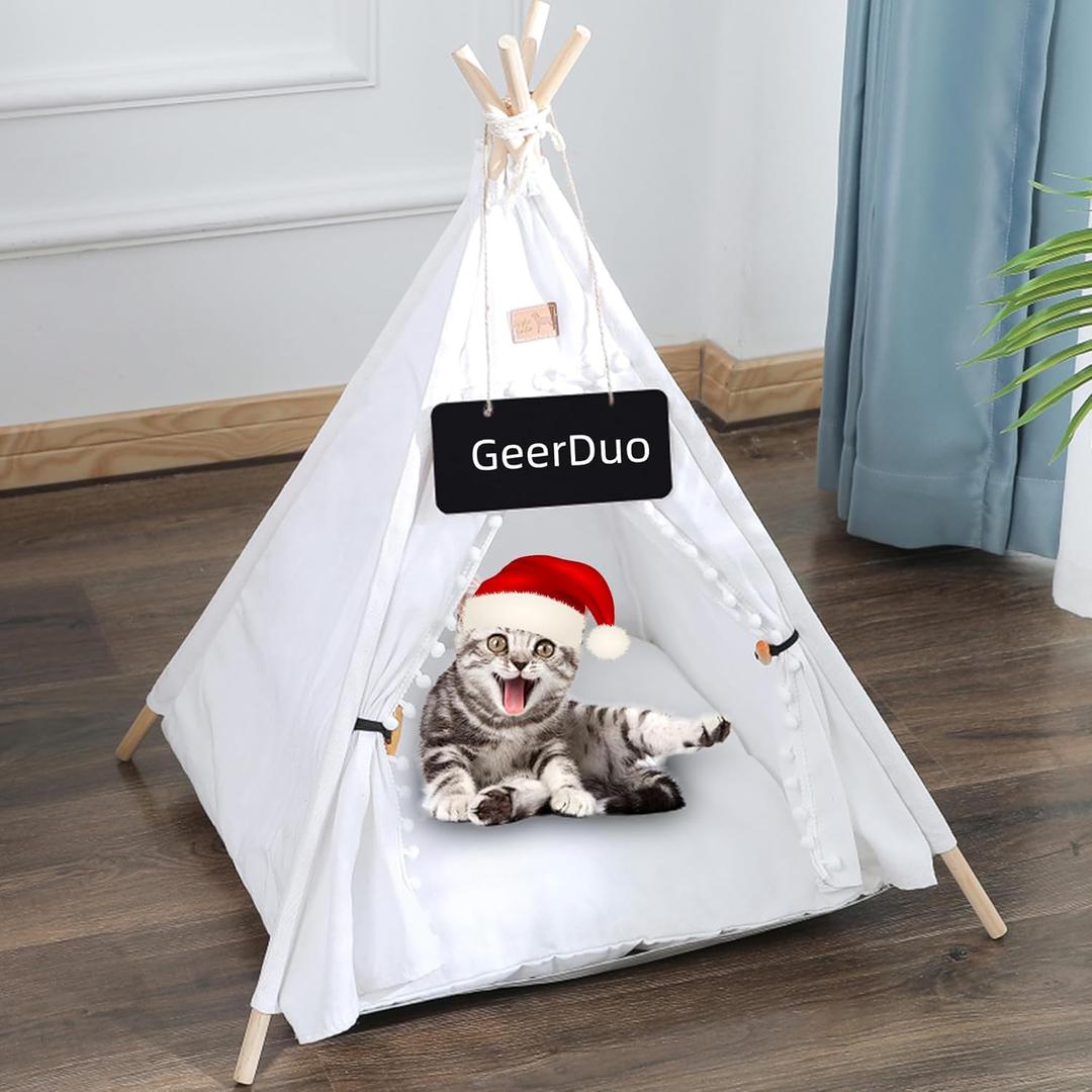 Pet Teepee, Portable Pet Tents for Small Dogs or Cats, Puppy Sweet Bed Washable Dog or Cat Houses with Cushion(White,24in)