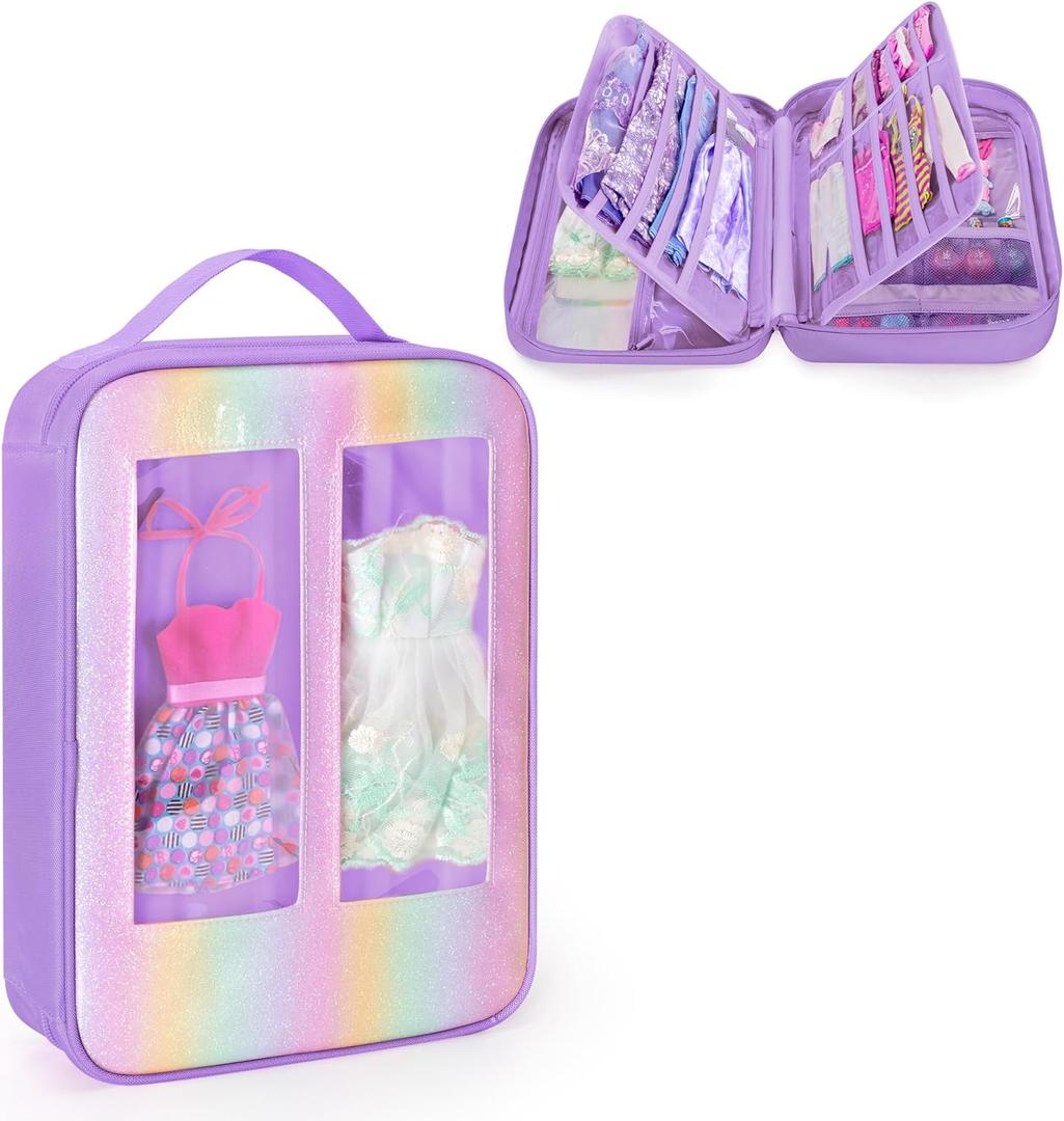 Carrying Case Compatible with Barbie Clothes, Doll Accessories Organizer Bag, 2 Front Transparent Windows, 2 Binders with Several Storage Pockets, Extra Pockets for Doll Stuff, Purple, Case Only