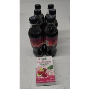 Set of 2: Coca-Cola Zero Sugar Cherry Diet Soda Soft Drink, 16.9 fl oz, 6 Pack (Best By: Sep 01 2025) + TRUE LIME Black Cherry Limeade Drink Mix (10 Packets) (Best By: 03/21/26)