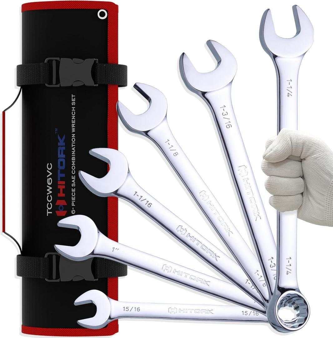 Hitork 6-Piece Large SAE Wrench Set, 12-Point Box End, Drop Forged Chrome-Plated Cr-V Steel, 15 Offset, Polished, Roll Pouch Included  Sizes 15/16 to 1-1/4