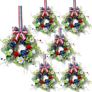 2 x 6 Pcs Mini 4th of July Hanging Wreaths for Cabinets with Navy Blue Rose and White Daisy Flowers Artificial Small Independence Day Candle Holder Wreath with Red Stripes for Front Door Window Porch Wall