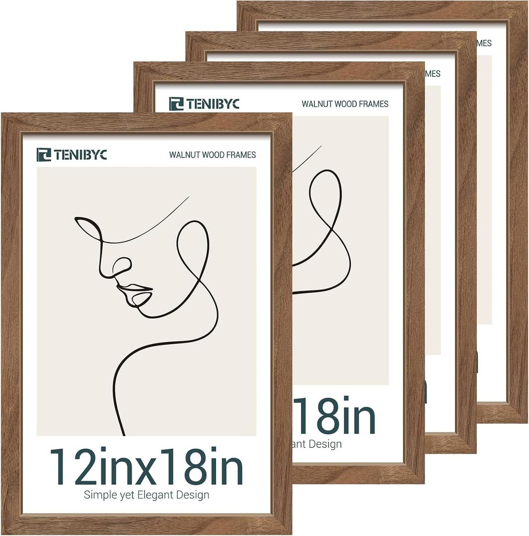 12x18 Frame Set of 4, Brown Grain, Walnut Wood & HD Tempered Glass, 12x18 Poster Picture Frame, Vertical & Horizontal Wall Hanging