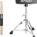 STRICH Drum Throne, Height Adjustable Padded Seat Drum Stool, Heavy Duty Swivel Drum Chair, Double Braced Padded Stool with 5A Drumsticks, SDB-20