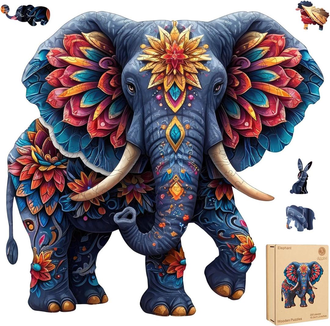 Delobil Elephant Wooden Puzzles for Adults, Jigsaw Puzzles 200 Pieces, Unique Shape Puzzles with Wooden Box, 11.2" x 10.8"Family Game Gift, Fun Challenging Christmas Puzzles for Adults and Kids