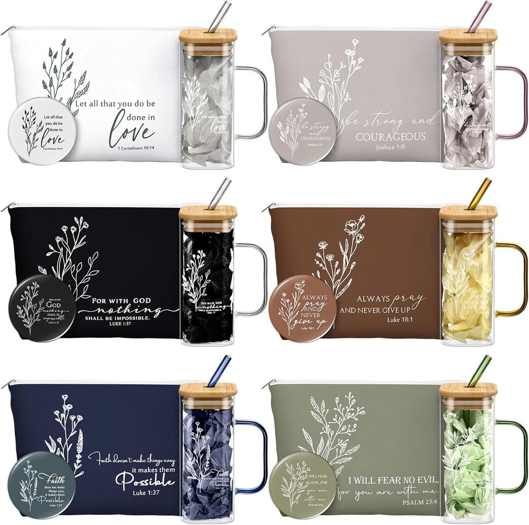 Fumete 6 Sets Christian Gifts for Women Bible Verse Flower Makeup Bags Religious Glass Coffee Cup with Handle Bamboo Lid Straw Mini Compact Mirrors for Church Sunday School Teacher Nurse CNA Week Gift