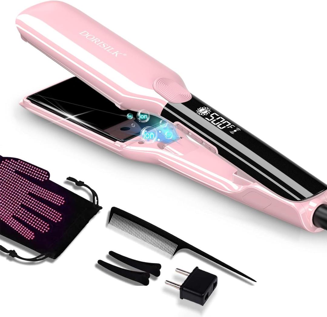 DORISILK 500 Degree High Temp Professional Hair Straightenr  Ceramic Wide Flat Iron 2 in 1 Hair Straightener and CurlerPlasma Flat Iron Straightener Get Frizz-Free and Shiny (Pink)