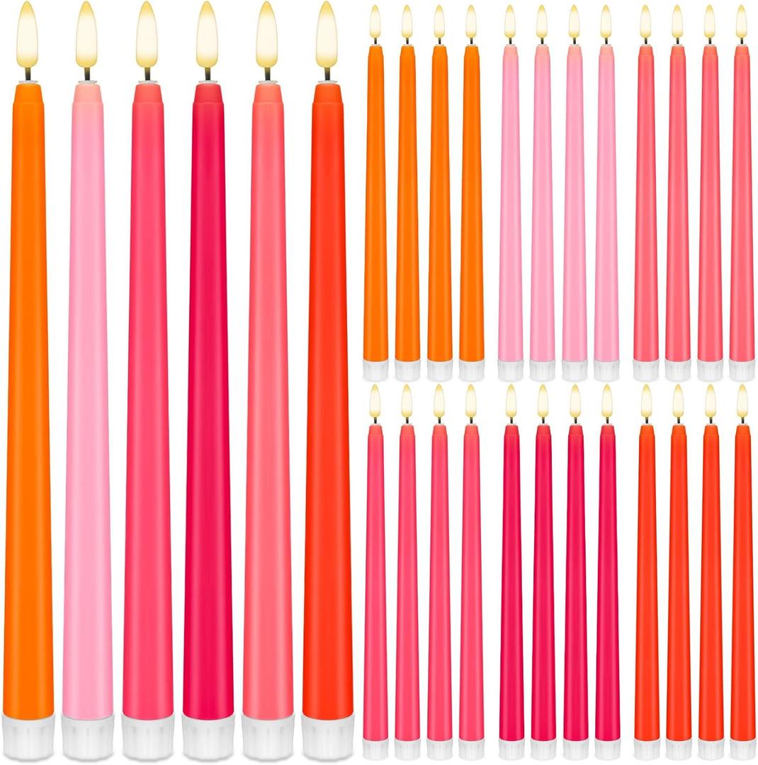Baquler 24 Pcs 11'' Pink Orange Flameless Taper Candles Colorful Battery Operated Candles Sunset LED Plastic Gradient Flickering Candlestick for Bachelorette Wedding Summer Graduation Fall Party Decor