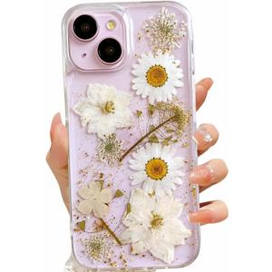 Clear Case for iPhone 14 Plus/15 Plus - Real Flowers Design, Glitter Cute White Floral Pattern, Slim Soft TPU Protective Cover
