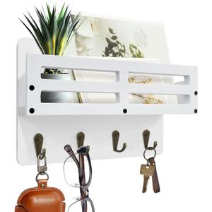 Key Holder Wall Mount Farmhouse Key Hooks for Wall with Mail Organizer Decorative Key Rack with 4 Sturdy Hooks for Dog Leash, Sunglasses, Rustic, Paulownia Key Hanger for Entryway