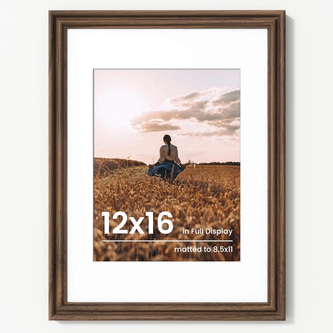 12x16 Picture Frame, USA-Sourced Walnut Wood Picture Frame 12 x 16, Photo Frame with High Tempered Glass, 12 by 16 Wooden Frame Matted to 8.5x11 Photo Wall Mounted, 1 Pack