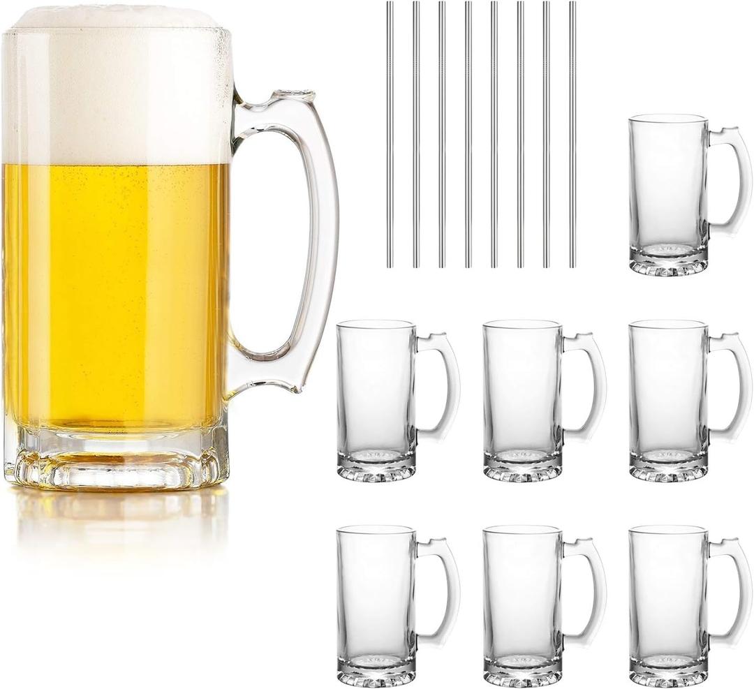 QAPPDA Beer Mugs Set,Glass Mugs With Handle 16oz,Large Beer Glasses For Freezer,Beer Cups Drinking Glasses 500ml,Pub Drinking Mugs Stein Water Cups For Bar,Alcohol,Beverages Set of 8 KTZB02