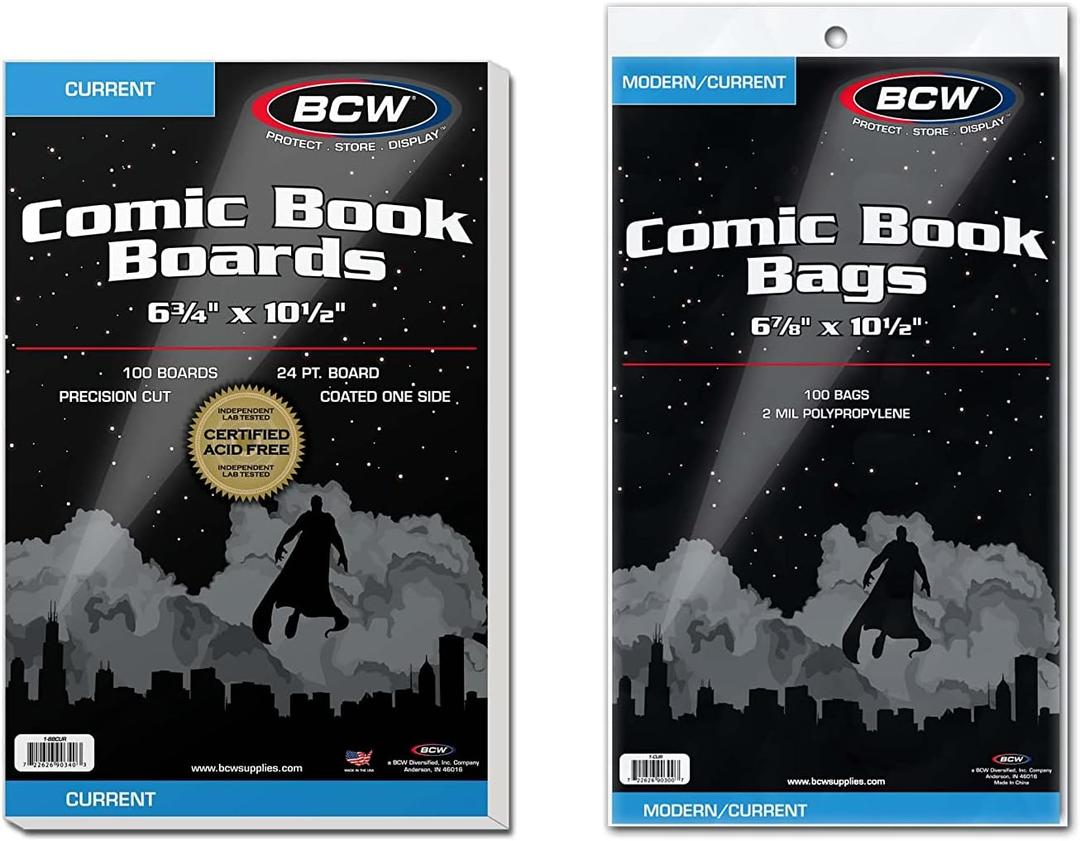 BCW Current Comic Boards and Bags Combo | 100 Polypropylene Comic Bags & Backer Boards | Acid-Free Archival Quality | Crystal Clear | Preserves Collectible Comics | Fits Standard Comic Storage Boxes